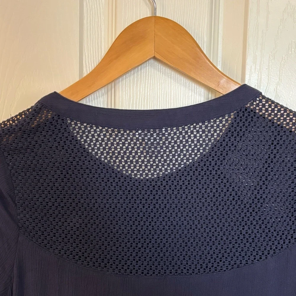 Hinge Navy Mesh Yoke Dress tunic Long Sleeve Button Front spring dress festival